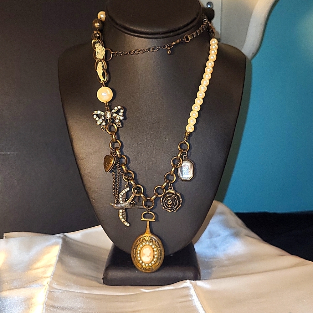110. Steam Punk Cameo Charm Necklace 28-30" Brass Rhinestone Faux Pearl
